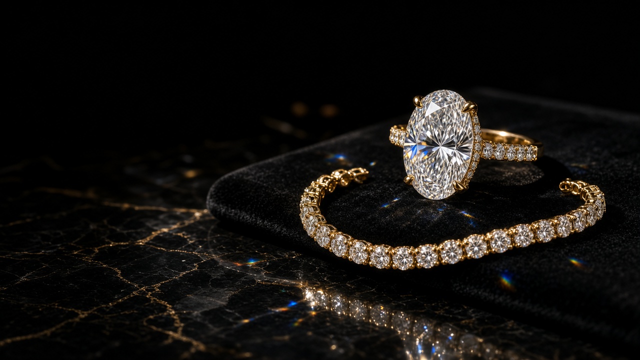 Oval lab grown diamond ring and gold tennis bracelet