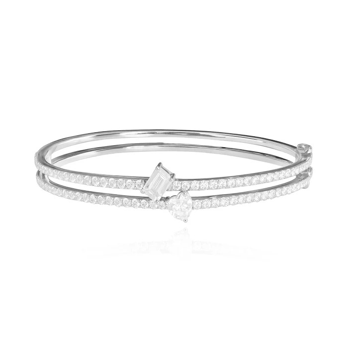 Toi et Moi Diamond Bangle Bracelet | Double Row Emerald & Heart Cut Diamond Open Cuff Bracelet